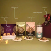 Assorted health and snack products on a green background with labels.